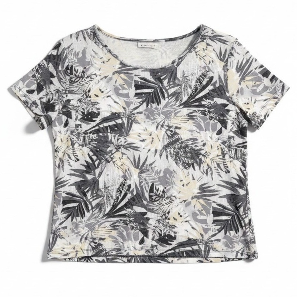 Basic Editions Tropical Leaf Print‎ Top, Rhinestone Scoop Neck, Women's Large